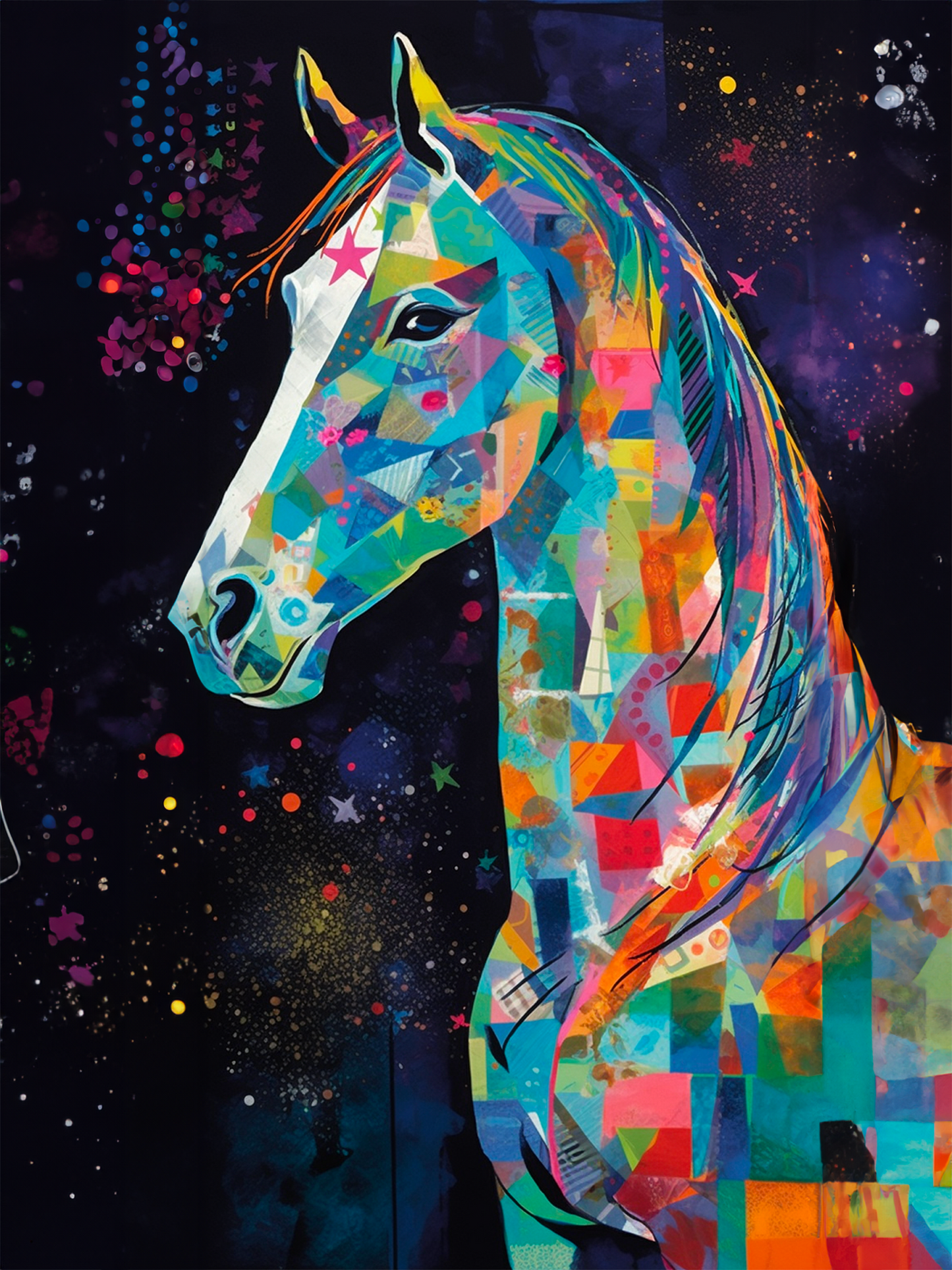 Œuvres d'art mettant en vedette un cheval et un ciel nocturne, créées avec des techniques pop art et kirigami, couleurs audacieuses et vibrantes, des formes et des textures dynamiques un style abstrait et expressif,