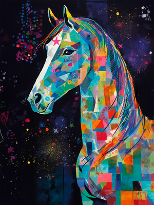 Art pieces featuring a horse and night sky, created with pop art and kirigami techniques, bold and vibrant colors, dynamic shapes and textures in an abstract and expressive style.