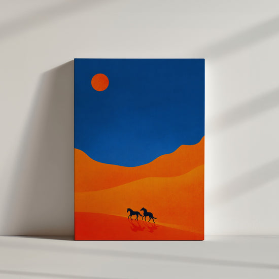Tableau sur toile chevaux désert orange et bleu minimaliste ambiance épurée mur blanc