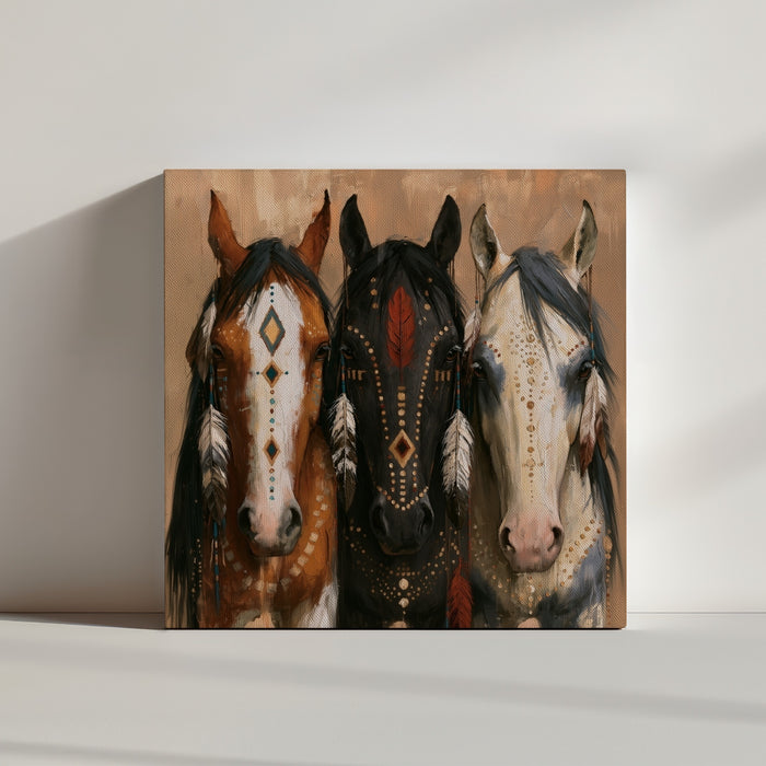 Tableau chevaux ornés motifs tribaux plumes bohème tons beige marron dans ambiance minimaliste lumineuse