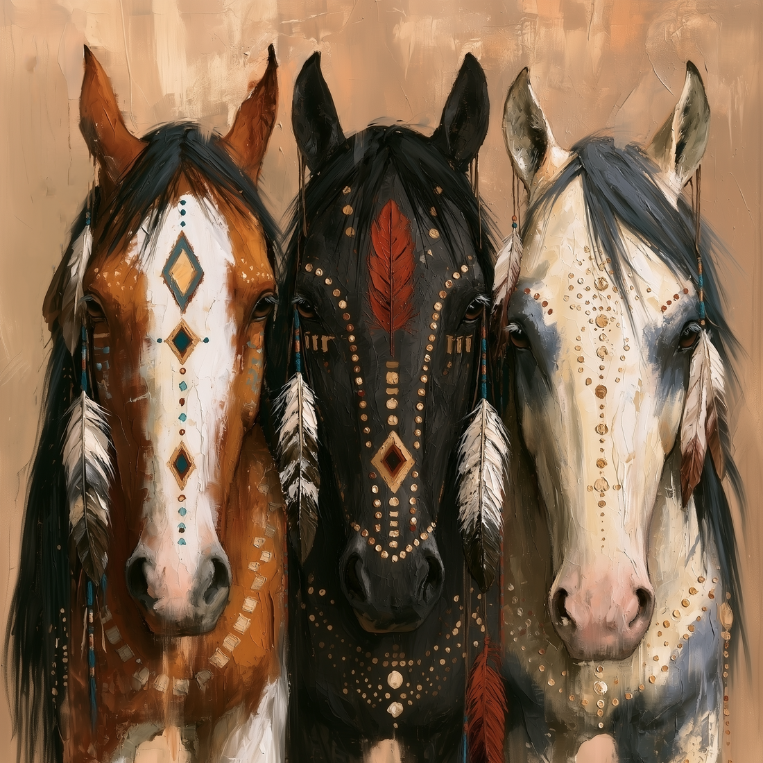 Tableau sur toile Chevaux - Sagesse ancestrale et symboles dorés