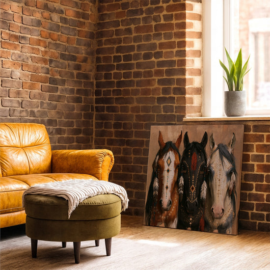 Tableau chevaux ornés motifs tribaux plumes bohème salon mur brique fauteuil cuir camel