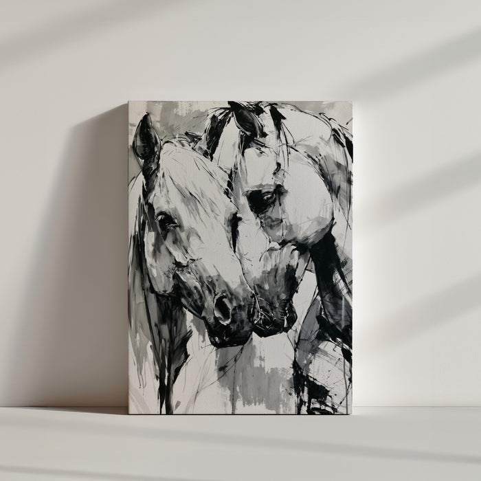 Tableau chevaux noir et blanc abstrait expressif posé au sol ambiance minimaliste épurée lumineuse