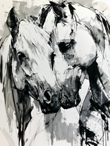 Tableau chevaux noir et blanc style abstrait expressif coups de pinceau dynamiques art mural