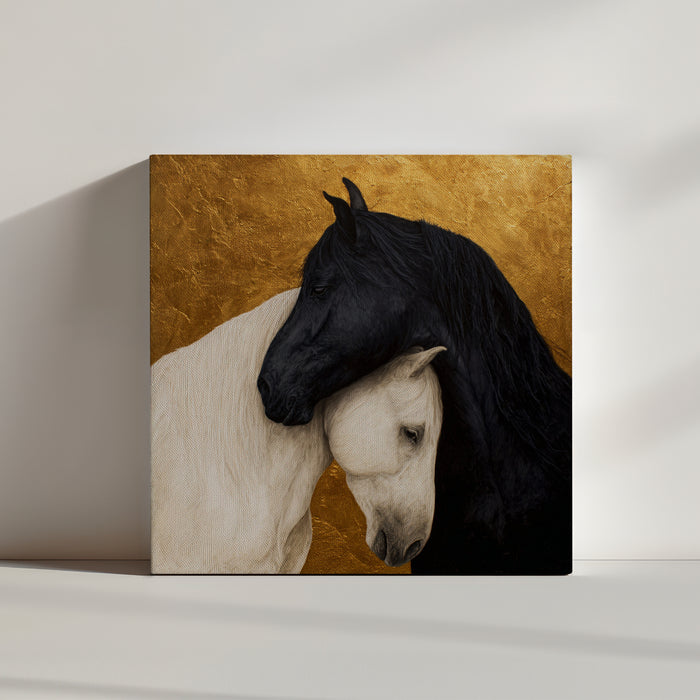 Black and white horse painting on a gold background, evoking elegance and harmony, classic style