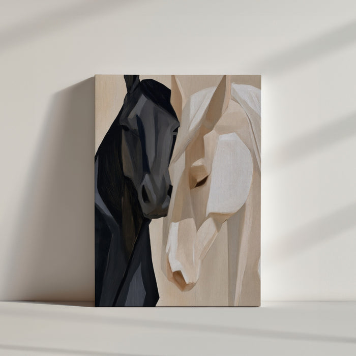 Black and white geometric horse painting leaning against a wall in a clean, airy setting