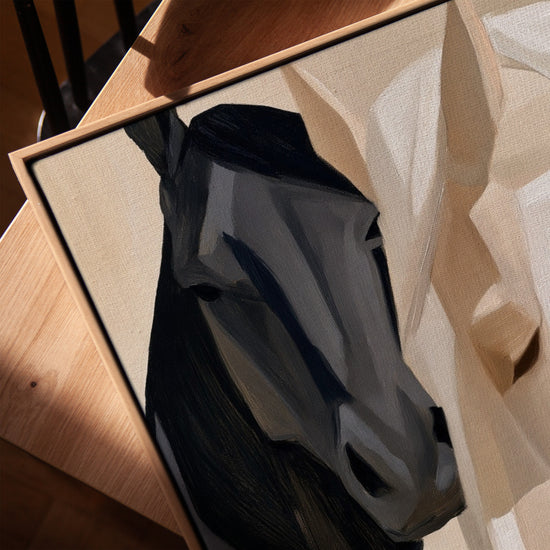 Black and white horse wall art with geometric planes in an oak-gold frame for living room decor