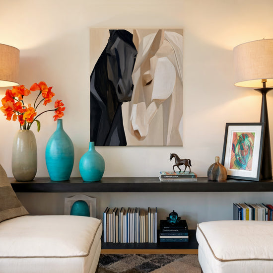 Minimalist living room decor featuring black and white geometric horse canvas wall art