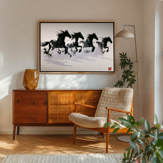 Pferdebild schwarze Pferde im Galopp, China-Tusche, Wanddeko fürs Vintage-Wohnzimmer und Sideboard