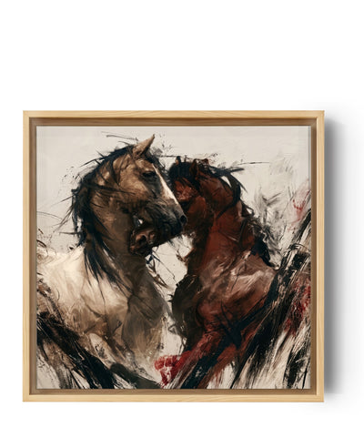 Wild stallions in motion, expressionist horse canvas print in warm neutrals