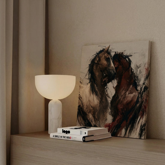 Expressionist horse wall art in earthy browns, modern living room display above sideboard