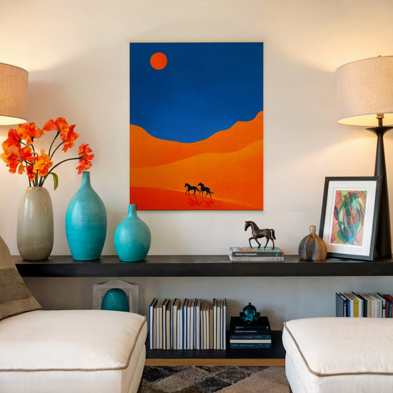 Tableau sur toile chevaux silhouettes désert orange bleu décoration murale salon minimaliste moderne