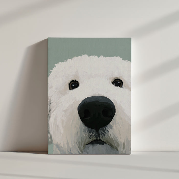Tableau animaux chien blanc au regard tendre dans ambiance minimaliste épurée décoration murale moderne