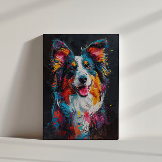 toile effet peinture, représentation d'un portrait de chien coloré, fond noir