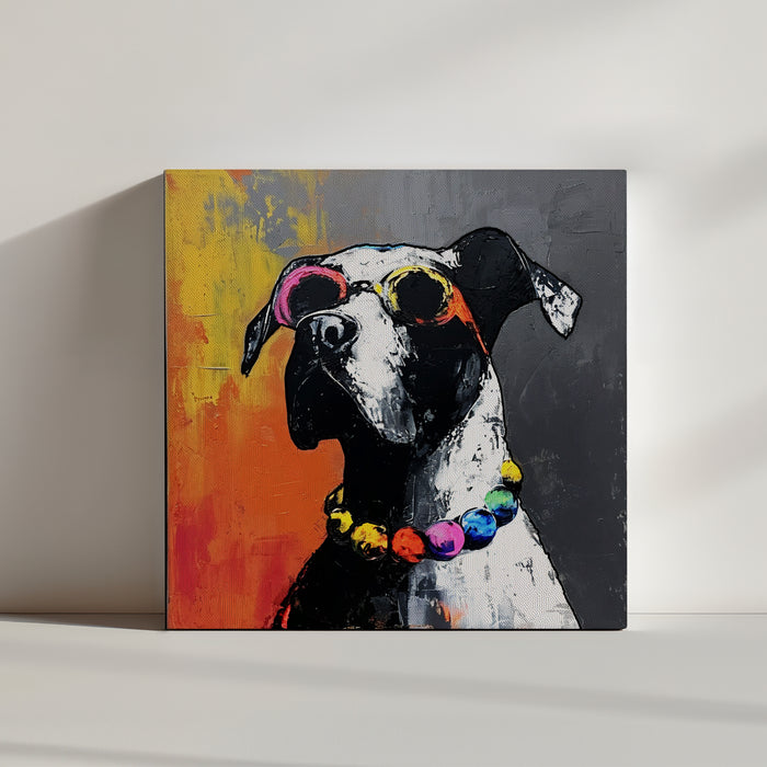 Expressive dog painting with colorful sunglasses