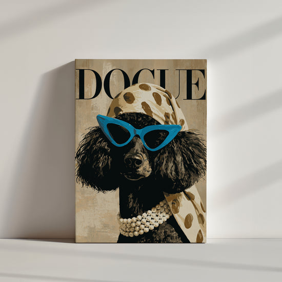 Black poodle canvas print with blue sunglasses and leopard scarf – product shown on floor