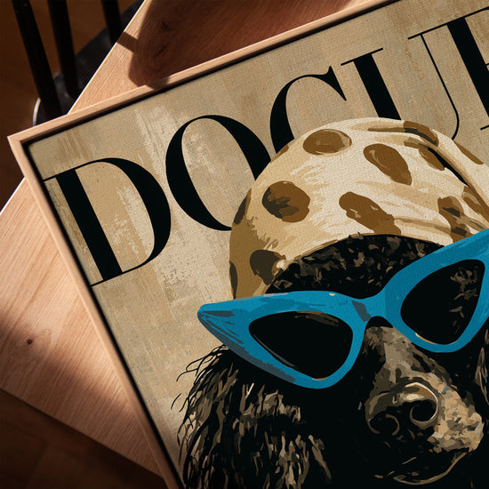 Black poodle wall art in modern living room – blue sunglasses, leopard scarf, retro style, oak-gold frame