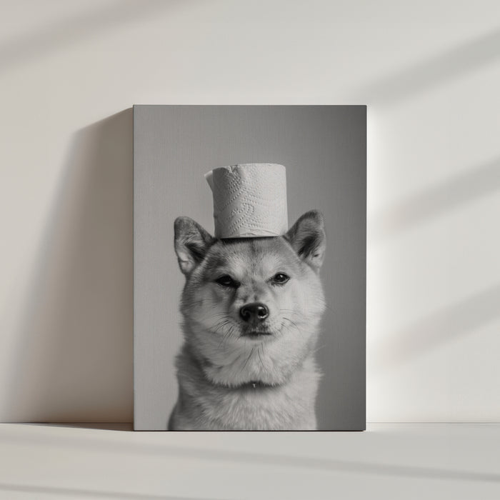 Monochrome dog portrait canvas with toilet paper - black and white bathroom decor