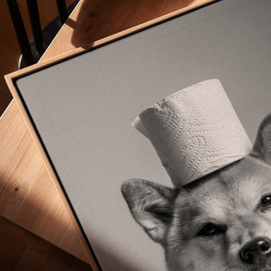 Shiba Inu dog with toilet paper wall art for Scandinavian dining room decor