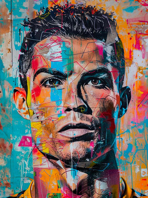 Intense detail of Ronaldo street art painting.
