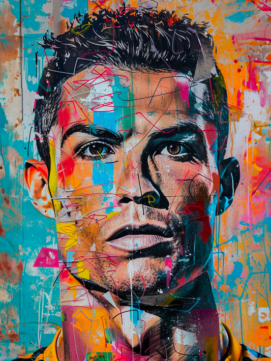 Détail intense d'un tableau street art de Ronaldo.