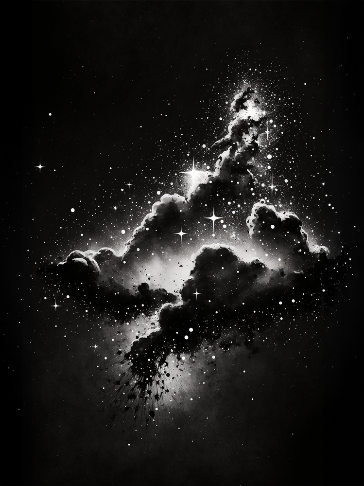 Représentation du tableau ciel étoilé avec un fond noir où un nuage de lumière et d'étoiles surgit, illustrant le mystère de l'univers