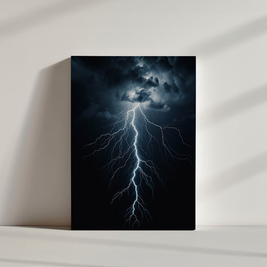 Dramatic stormy sky photo featuring dark clouds and a striking lightning bolt