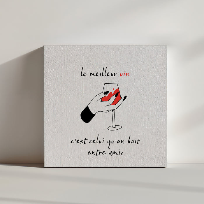 Wine glass quote wall art – illustration of a female hand holding a wine glass with the quote 'The best wine is the one we drink with friends'