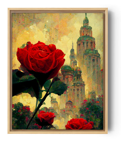 Fantasy cityscape painting with rounded skyscrapers, rooftop gardens, and red roses under a magical golden-yellow sky; vivid red rose in the foreground