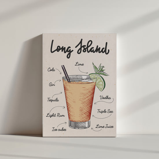 Une illustration coloré d’un verre de cocktail Long island avec la liste des ingrédients nécessaires à sa réalisation écrit en police d'écriture manuscrite sur un fond corail.