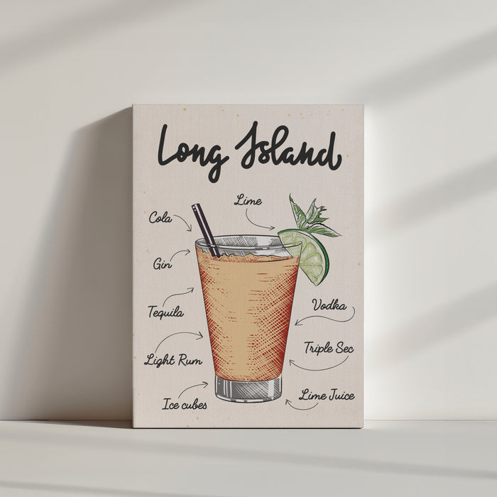 Une illustration coloré d’un verre de cocktail Long island avec la liste des ingrédients nécessaires à sa réalisation écrit en police d'écriture manuscrite sur un fond corail.
