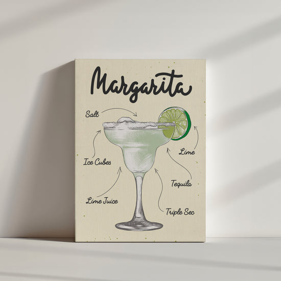 Une illustration sobre et élégante d’un verre de cocktail Margarira avec la liste des ingrédients nécessaires à sa réalisation écrit en police d'écriture manuscrite sur un fond jaune.
