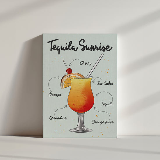 Une illustration sobre et élégante d’un verre de cocktail tequila  avec la liste des ingrédients nécessaires à sa réalisation écrit en police d'écriture manuscrite sur un fond jaune.