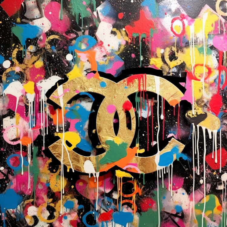 toile Logo Chanel revisité dans un style street art coloré et graffiti, tableau vibrant et contemporain