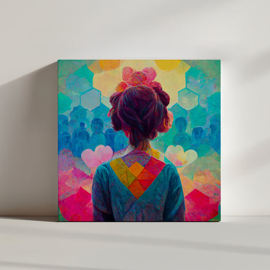 Colorful Wall Art for Living Room – Portrait of a Young Girl with a Warm, Hopeful Look; Harmonious Yellow, Pink, Blue, and Green; Bright, Inviting, Utopian Vibe