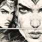 llustration détaillée de Wonder Woman en trois panneaux, style comic book.