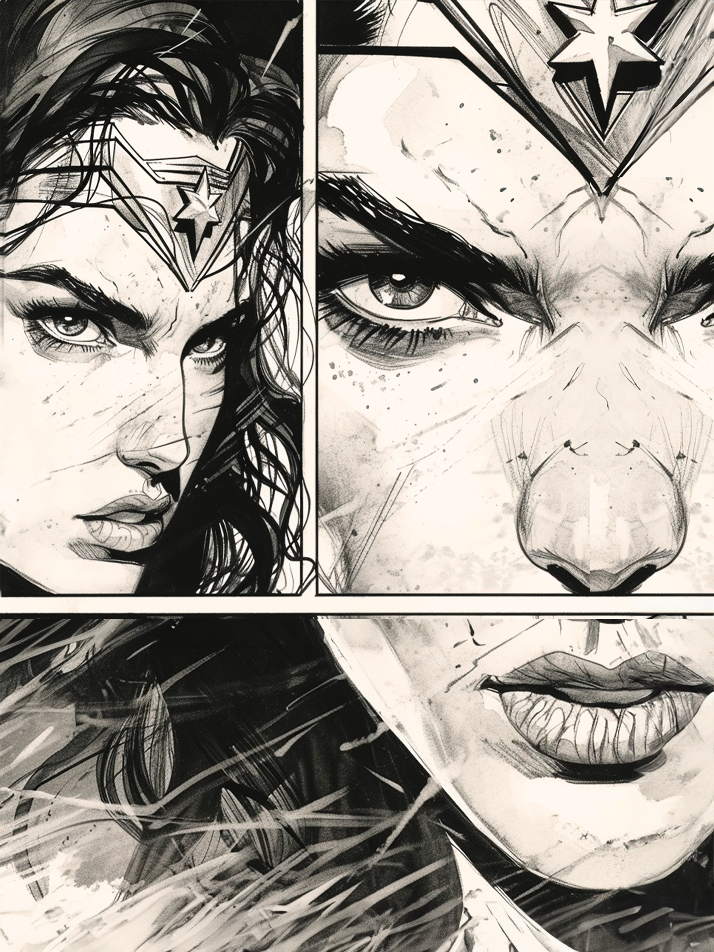 llustration détaillée de Wonder Woman en trois panneaux, style comic book.
