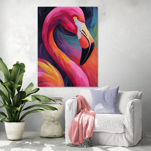 Colorful wall art of a vibrant flamingo, contemporary style for an exotic and warm ambiance