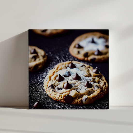 sur un fond noir une photo zoomée de cookies aux pépites de chocolats