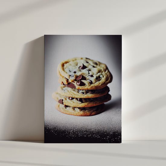 Close-up of four stacked chocolate chip cookies on a black background sprinkled with powdered sugar — food photography
