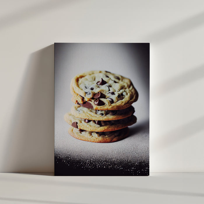 Close-up of four stacked chocolate chip cookies on a black background sprinkled with powdered sugar — food photography