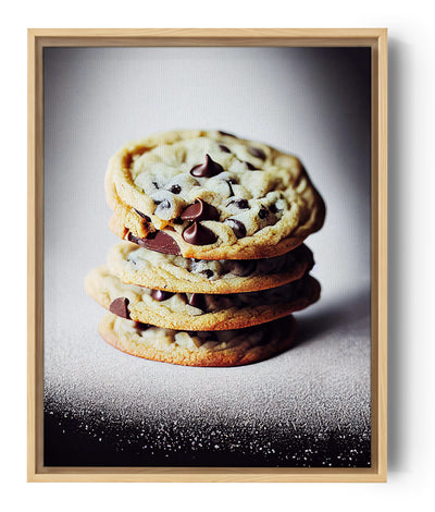 Une photo culinaire avec un zoom sur quatre cookies aux pépites de chocolats posés l'un sur l'autre. Ils sont posés sur une surface noire recouverte de sucre glace