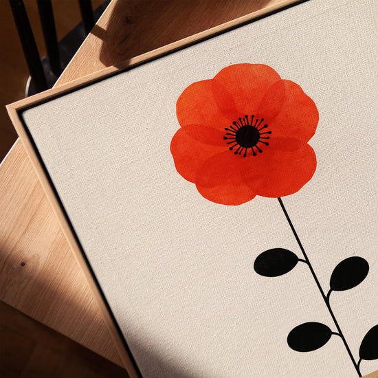 Minimalist red poppy wall art for the living room, golden oak frame
