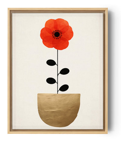 Minimalistisches Blumenbild mit roter Blume und goldenem Topf, klarer zeitgenössischer Stil