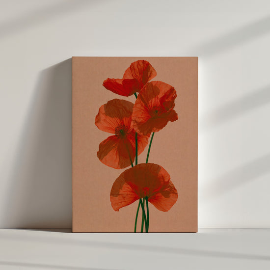 Tableau coquelicots oranges sur fond beige, toile texturée décoration murale minimaliste