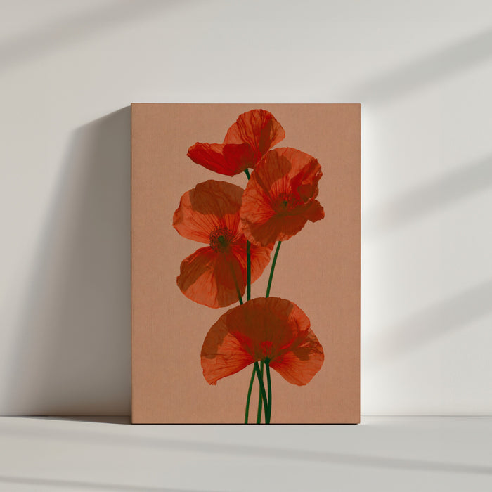 Tableau coquelicots oranges sur fond beige, toile texturée décoration murale minimaliste