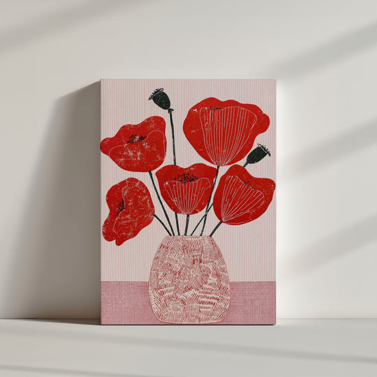Tableau fleurs coquelicots rouges graphiques fond rose rayé décoration murale minimaliste moderne