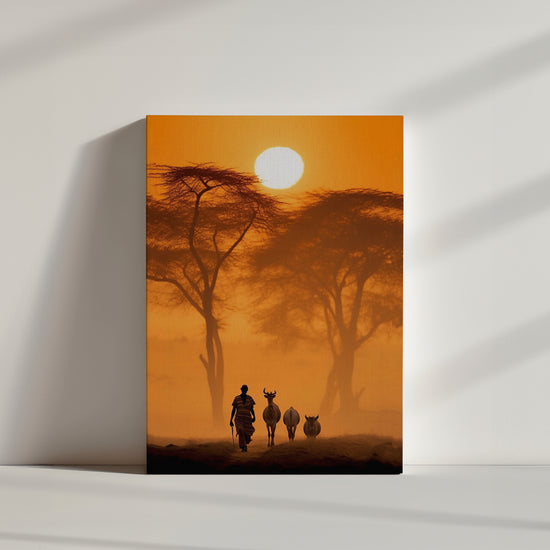 photo d'un homme et ses bêtes sous un coucher de soleil africain, une invitation au voyage.