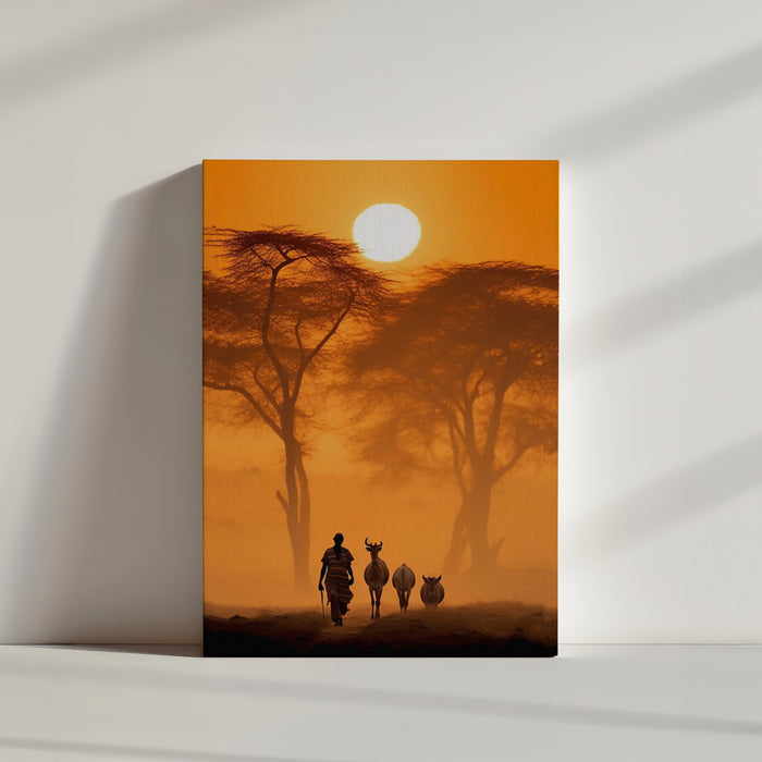 photo d'un homme et ses bêtes sous un coucher de soleil africain, une invitation au voyage.