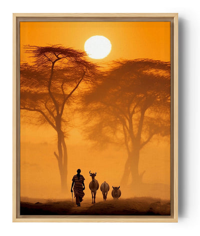 Foto eines Mannes und seines Viehs unter einem afrikanischen Sonnenuntergang, eine Einladung zum Reisen.